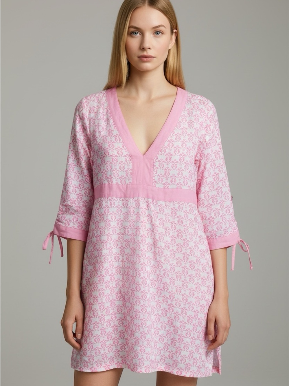 Vineyard Vines Seaside Seahorse V Neck 3/4 Length Sleeve Dress White & Pink 4